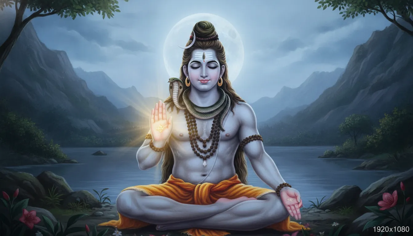 Lord Shiva meditating with one hand raised in a blessing pose under a soft blue sky.