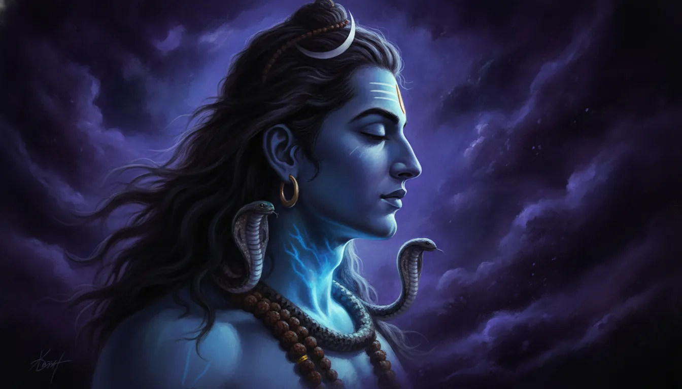 A cinematic profile view of Lord Shiva with a glowing blue throat as he consumes the cosmic poison.