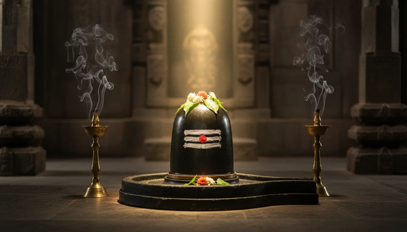 Spiritual 1080p mahadev photo hd showing a glowing Shiva Lingam adorned with fresh Bael leaves inside a temple.