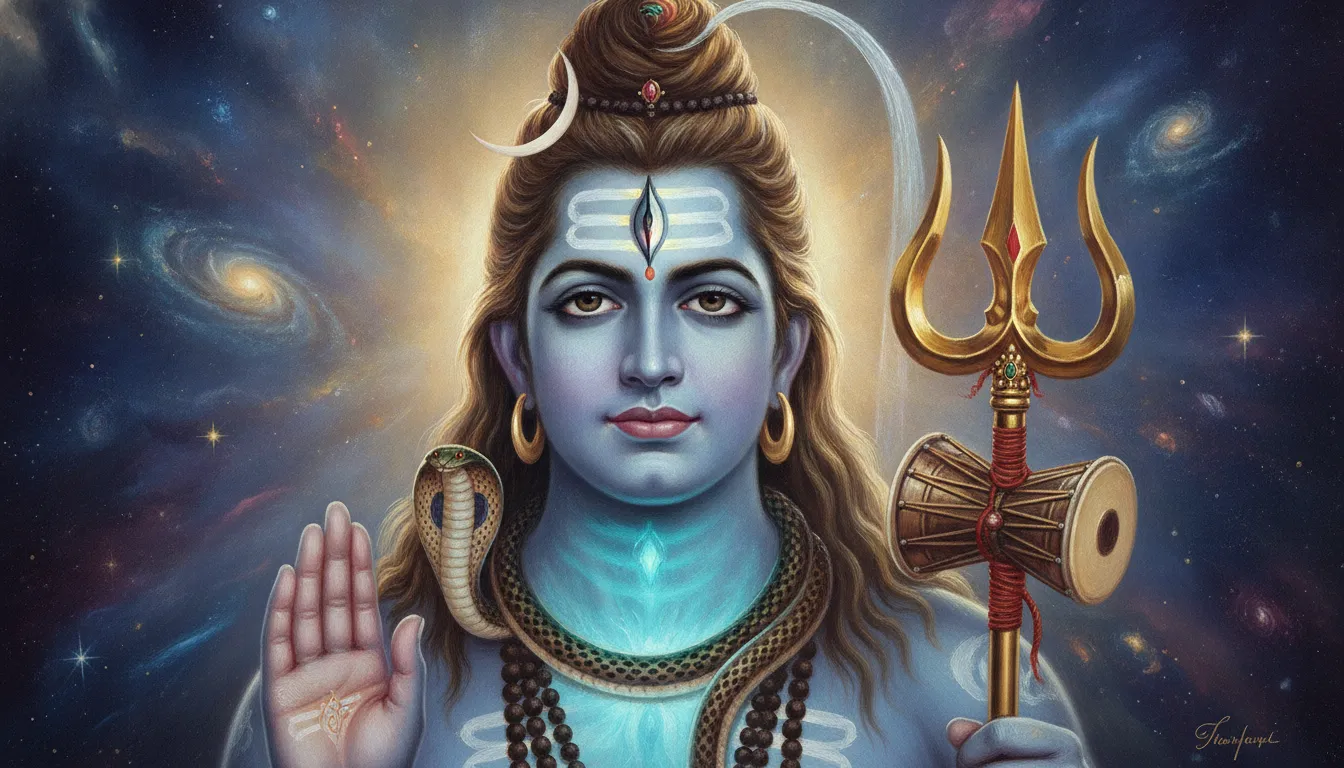 A close-up portrait of Lord Shiva holding a golden Trishul with a Damru tied to it.
