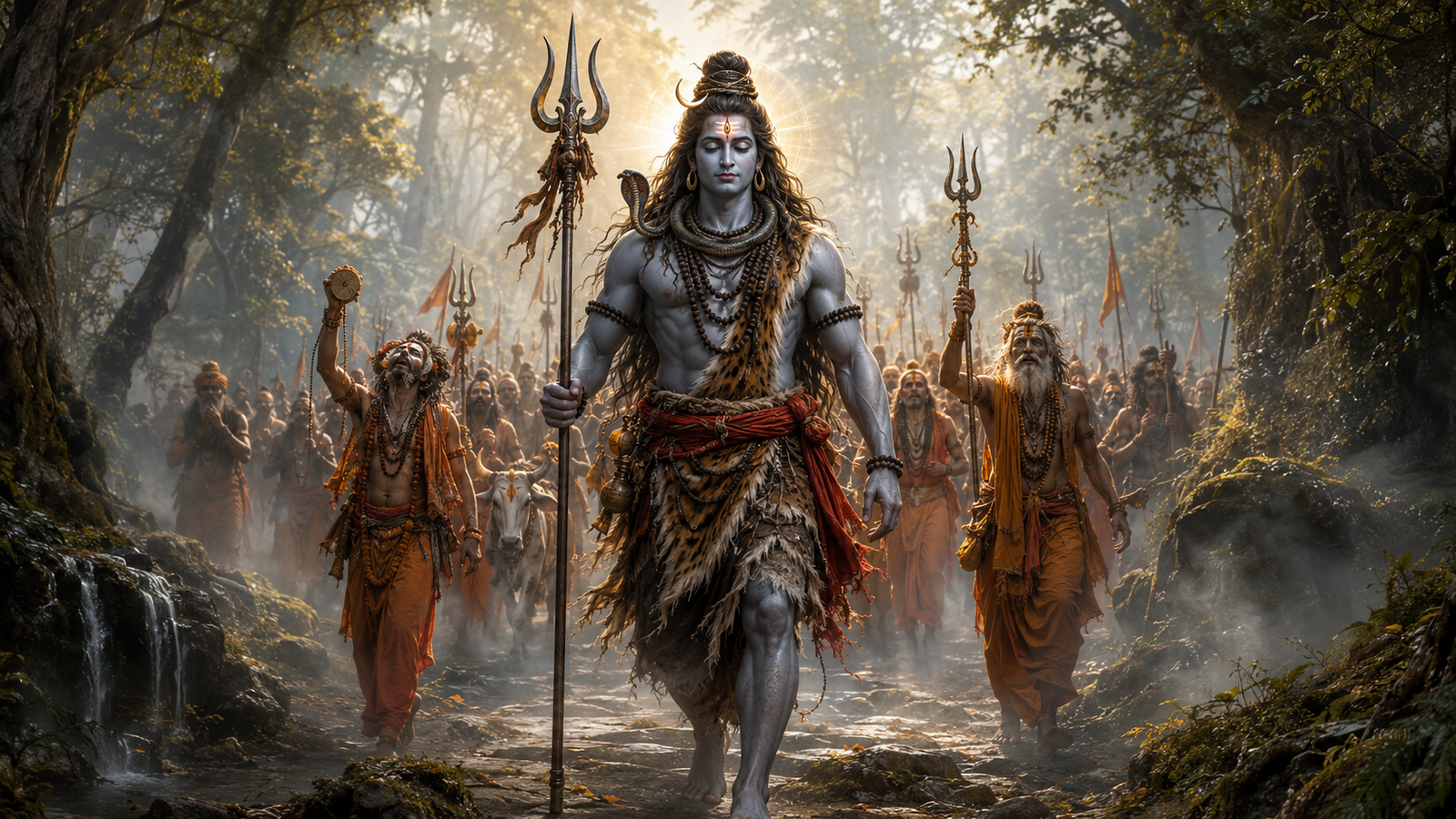 Lord Shiva with ash-smeared skin walking majestically ahead of a group of chanting rishis.