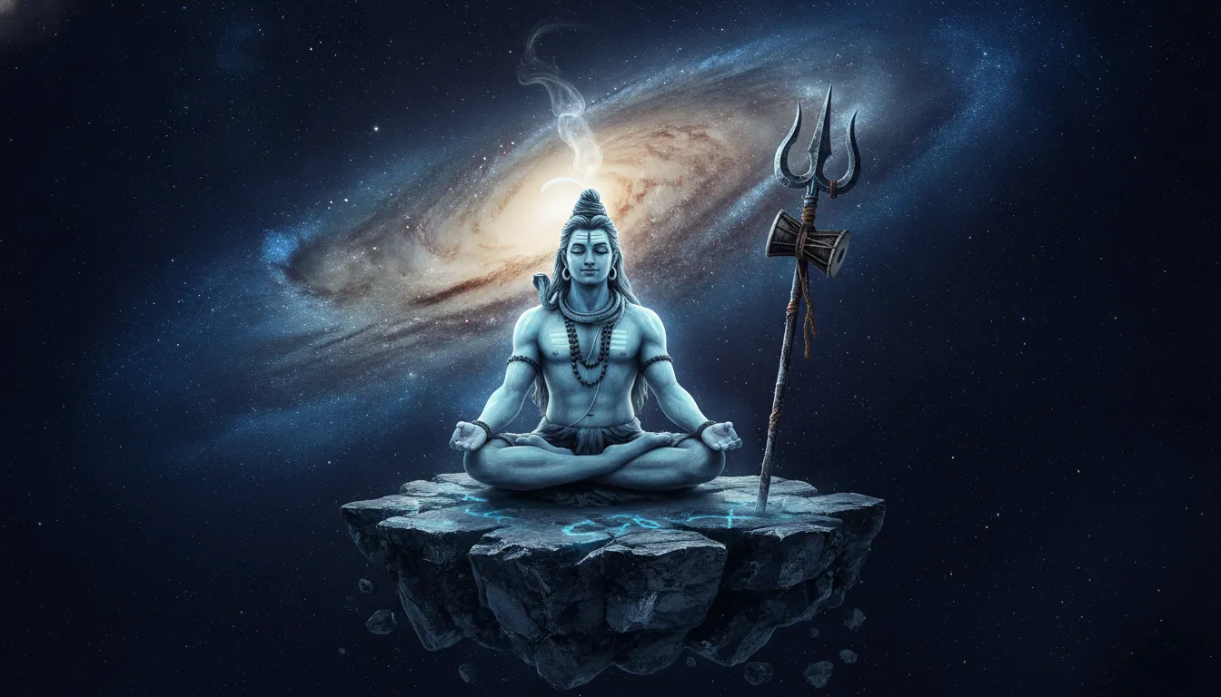 Lord Shiva meditating deeply in a seated posture surrounded by glowing blue cosmic energy.