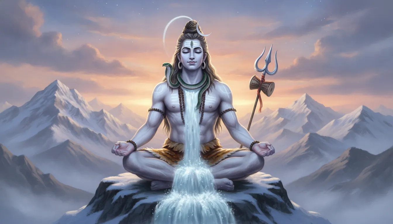 Lord Shiva meditating deeply amidst snow-covered Himalayan peaks with a crescent moon.