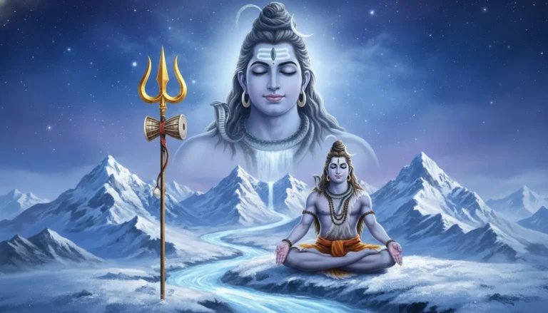 Lord Shiva meditating on a snowy mountain peak with a glowing Trishul