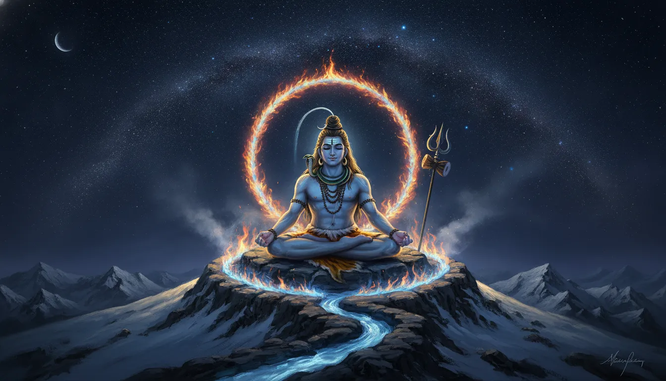 Lord Shiva sitting in a lotus posture on a snow-capped peak surrounded by a ring of protective fire