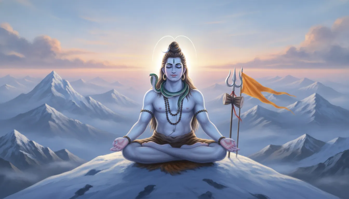 Har Har Mahadev photo of Lord Shiva in deep meditation on snow covered Kailash peak