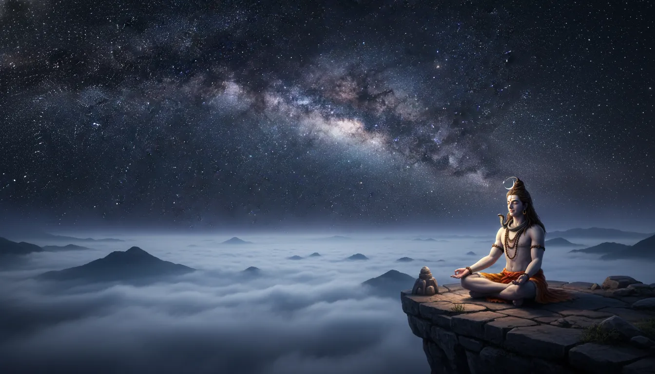 Night view har har mahadev picture photoes of Shiva meditating under the Milky Way galaxy.