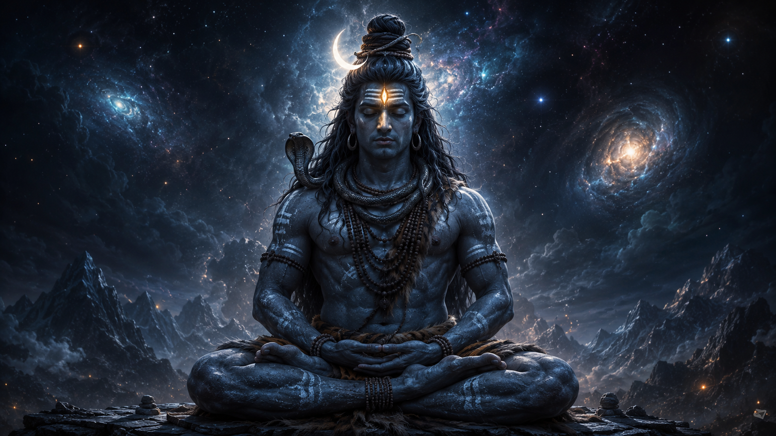 Lord Shiva sitting in lotus pose with a gentle cosmic glow emanating from his third eye.