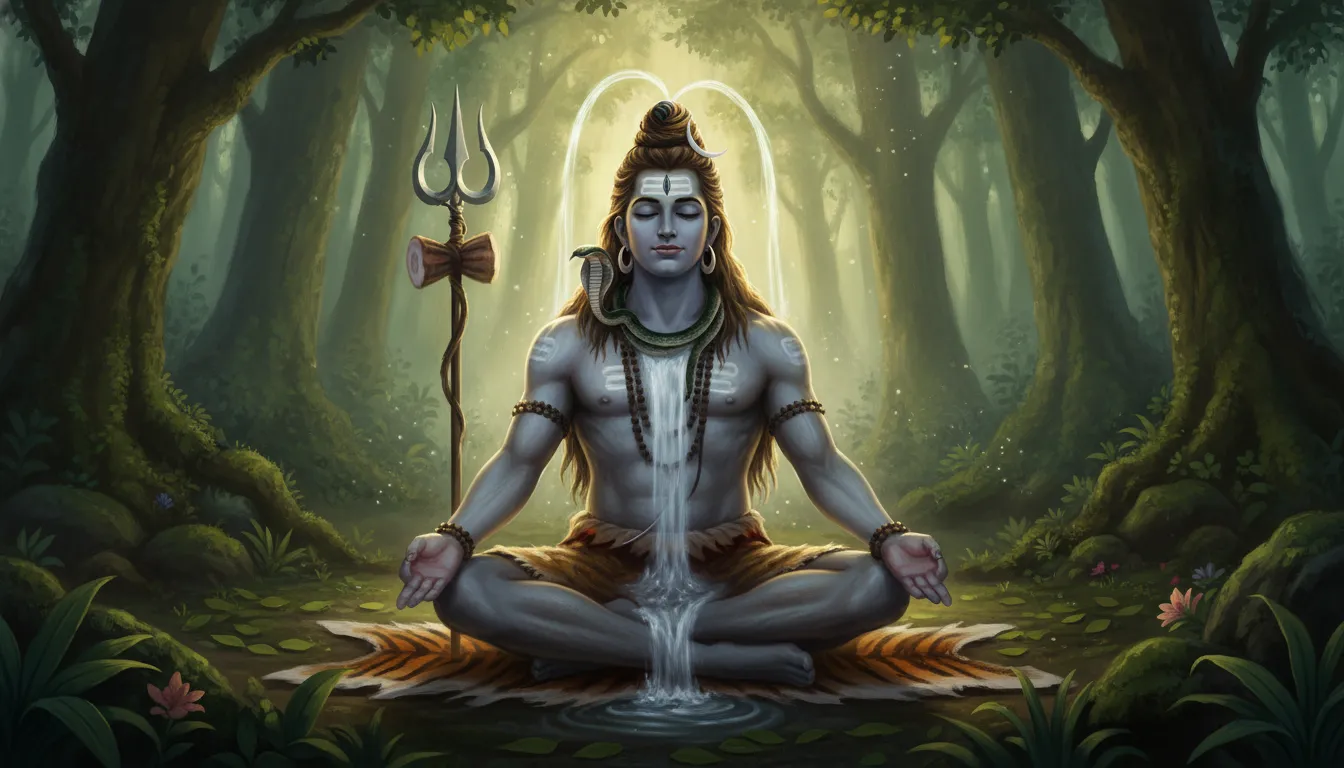 Lord Shiva meditating in a peaceful forest at dawn good morning photo