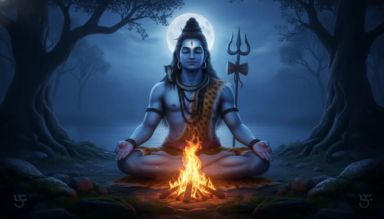 Lord Shiva sitting in meditation near a small holy fire with a blue moon background.