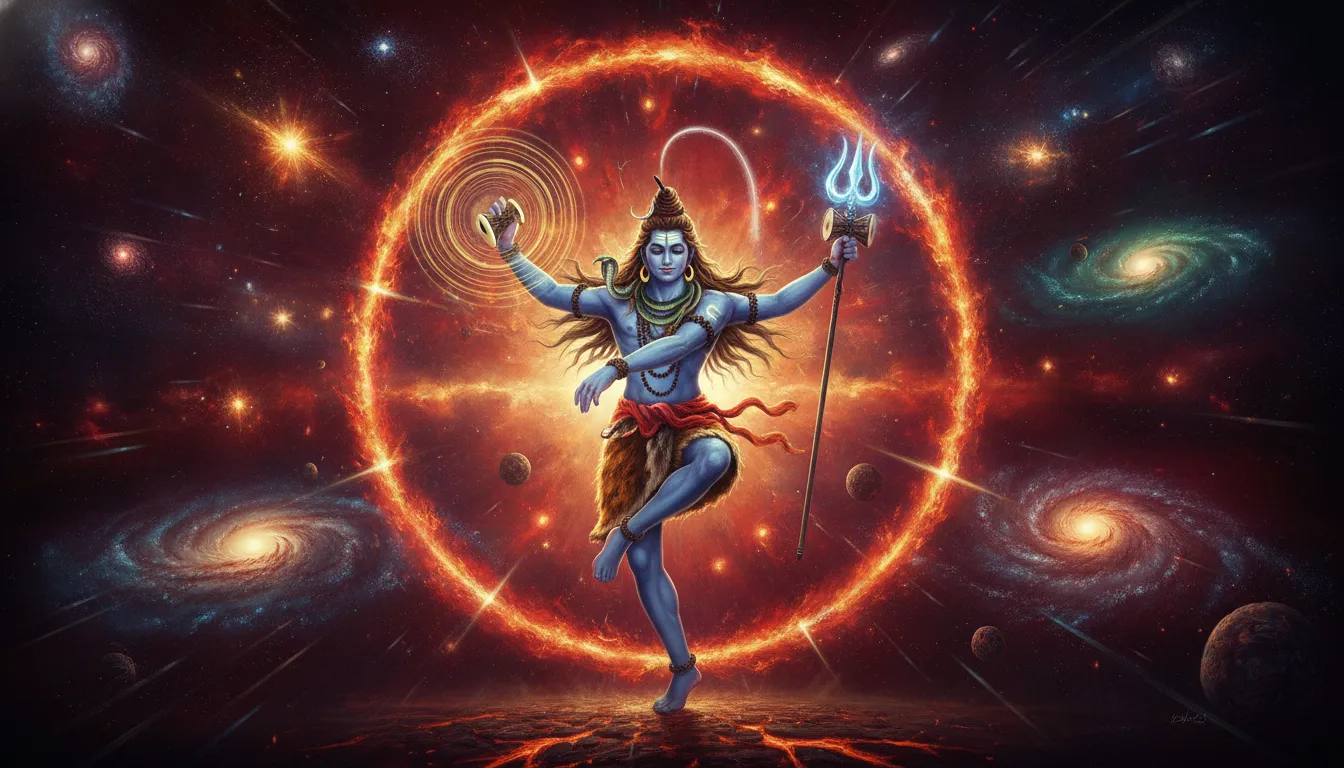 Lord Shiva performing the celestial dance Rudra Tandava surrounded by cosmic fire and galaxies.