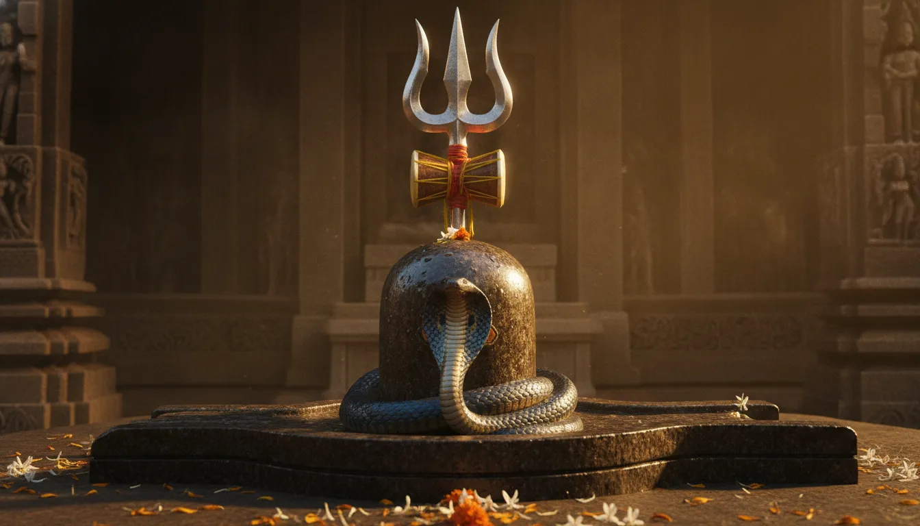 Sacred Shivling flanked by Lord Shiva's Trishul and Damru