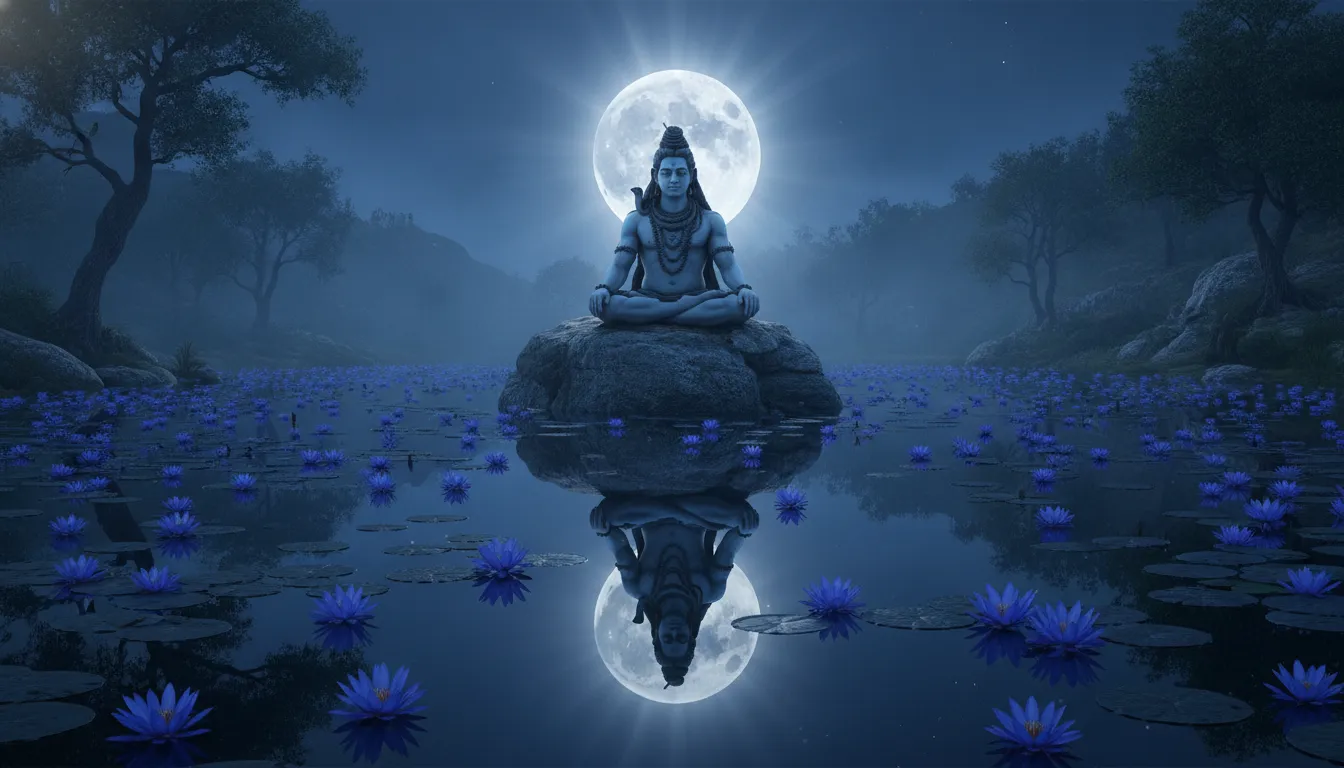 Lord Shiva meditating in the center of a lake filled with blooming blue lotuses.