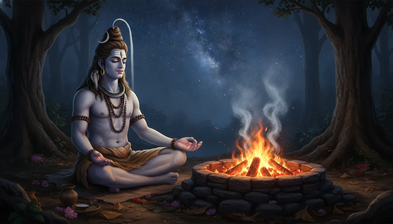 Lord Shiva sitting peacefully next to a sacred holy fire pit dhuni