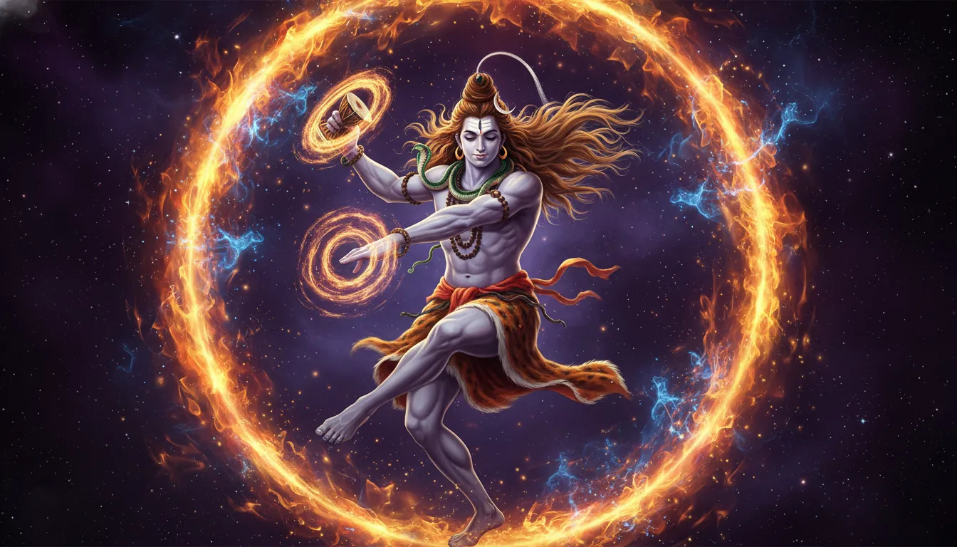 Dynamic 1080p mahadev photo hd depicting the cosmic Tandava dance with vibrant fire and energy elements.