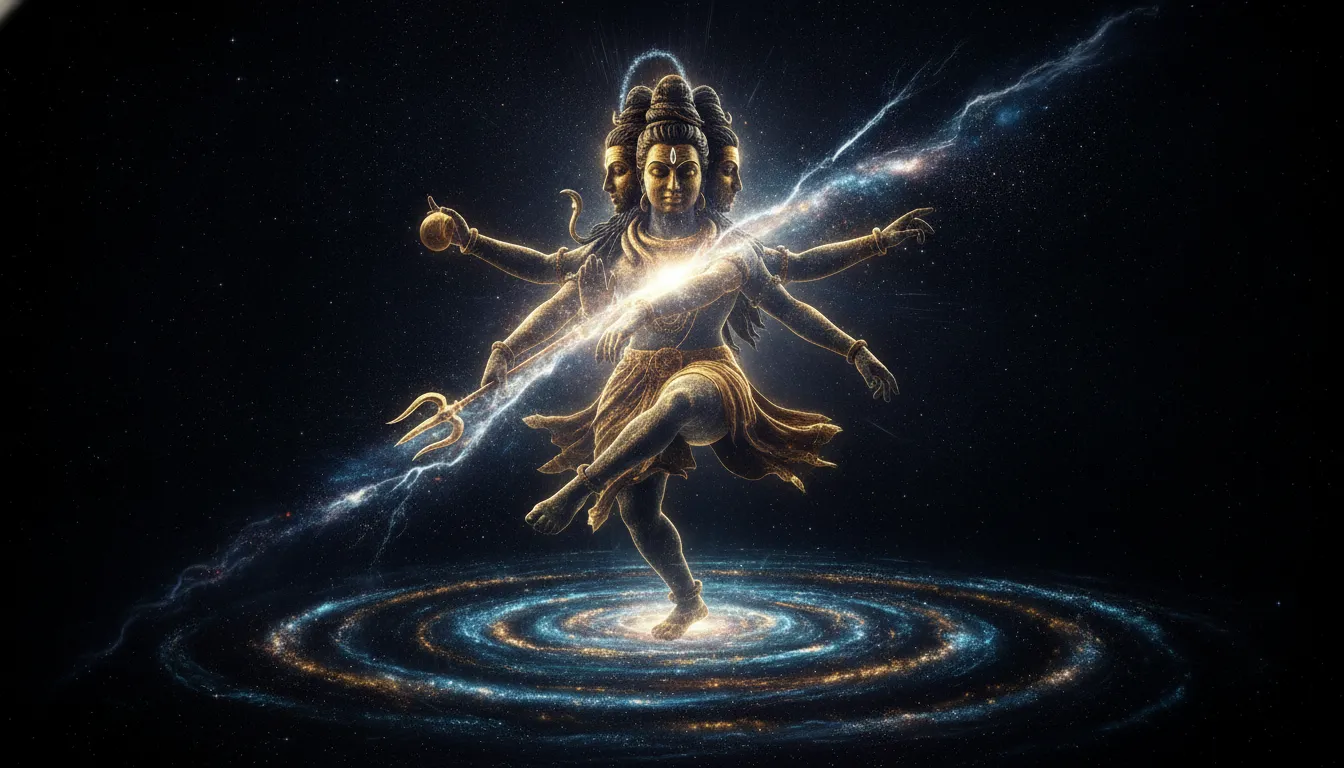 Lord Shiva performing the cosmic Tandava dance in deep space with stars shattering around him.