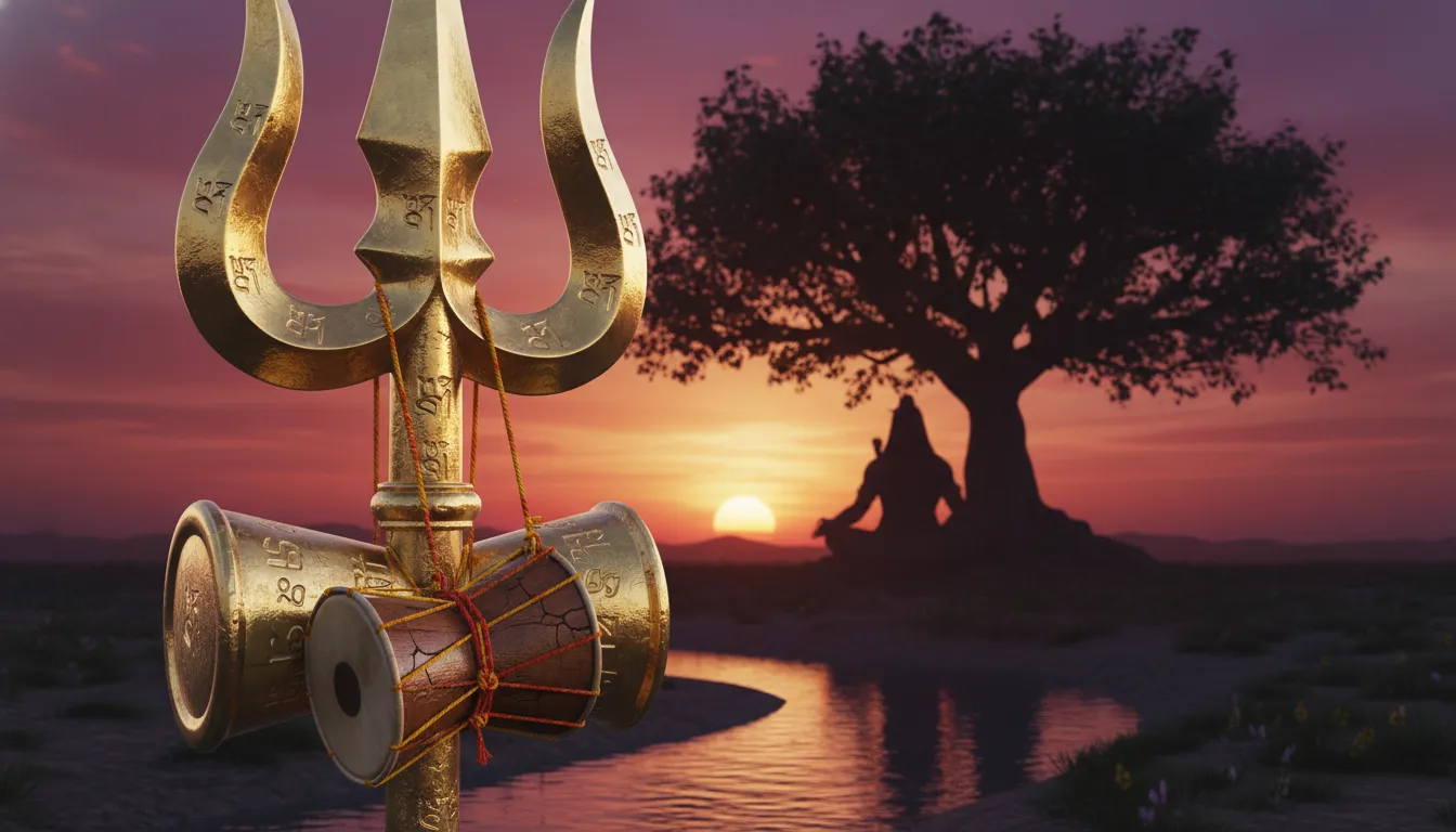 Mahadev hd wallpaper 3d showcasing the powerful trident trishul and damru of Lord Shiva on a mountain peak.