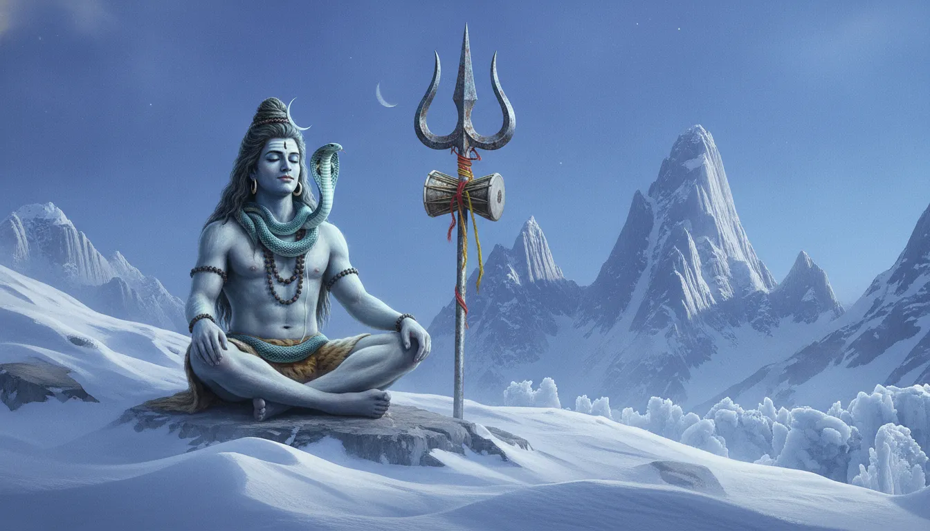 Lord Shiva sitting on a snowy peak of Mount Kailash with a cobra around his neck and a massive Trishul nearby.