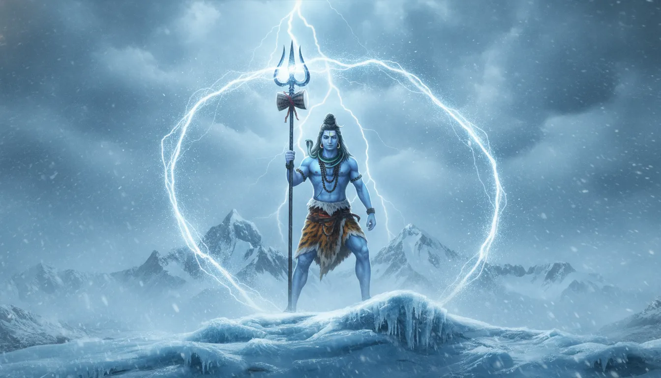 Lord Shiva standing on a snowy Himalayan peak holding a Trishul that channels lightning from the sky.