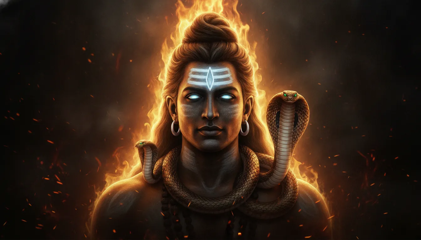 A hyper-realistic portrait of Lord Shiva surrounded by a blazing golden aura of spiritual energy.