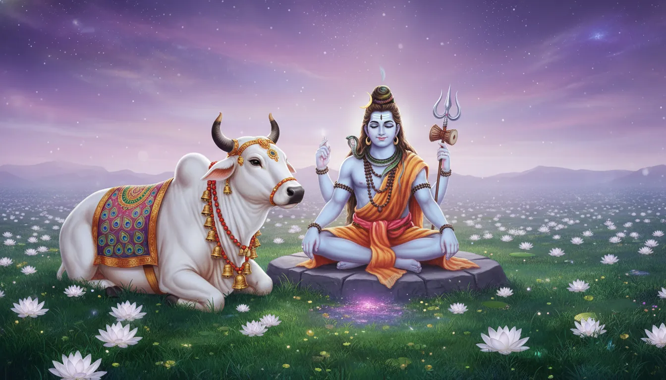 Mahadev full screen photo sitting next to Nandi bull in a mystical divine meadow with a soft magical background.