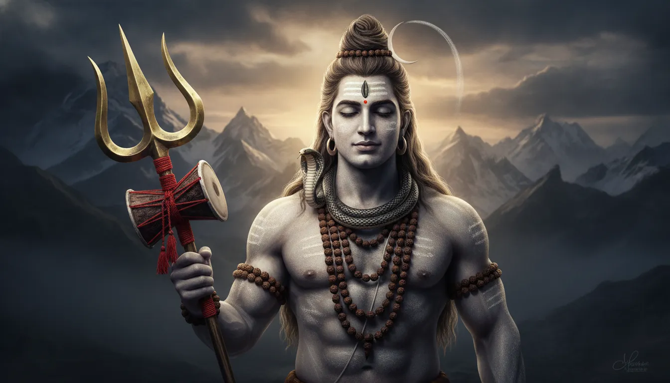 Close up shot of Lord Shiva holding his holy trident and damru