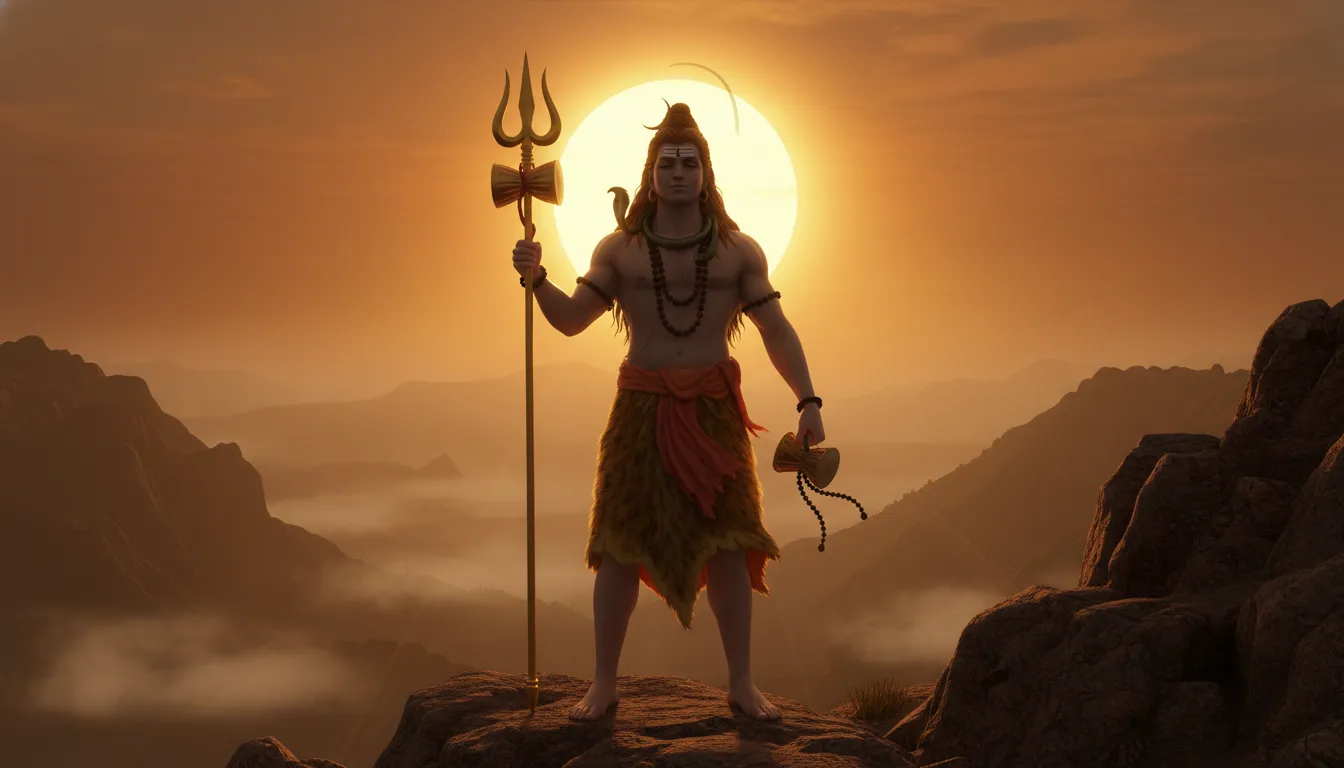 Mahadev full screen photo standing with a golden Trishul against a majestic glowing sunset and silhouette mountains.