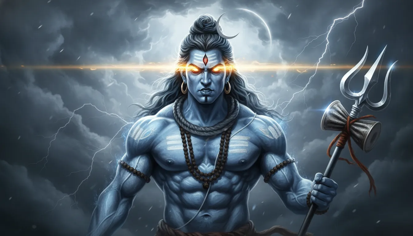 Furious Mahakal Rudra avatar of Lord Shiva with third eye wide open emitting golden light rays.