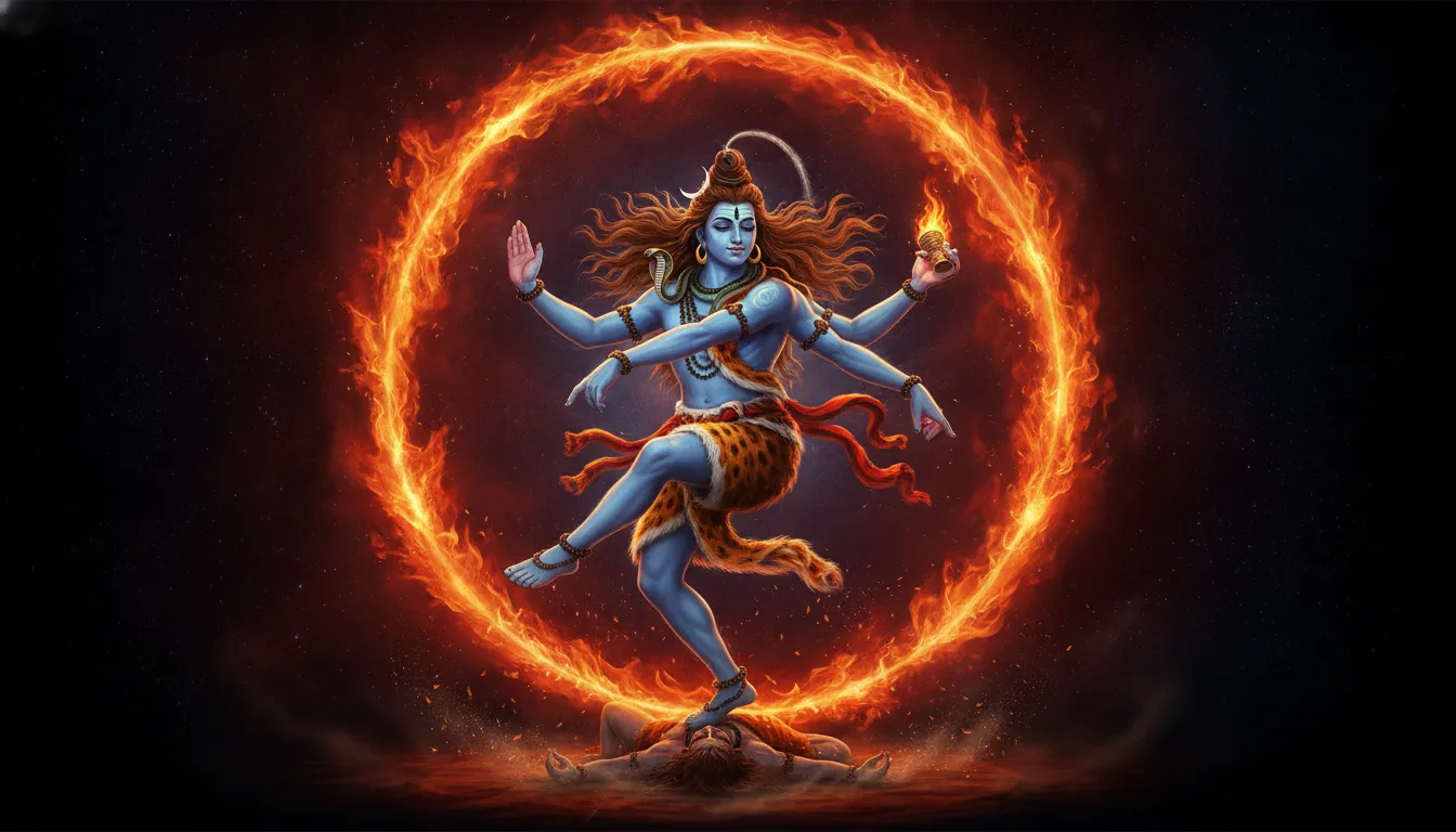 Lord Shiva performing the fiery cosmic Tandava dance as Nataraja.