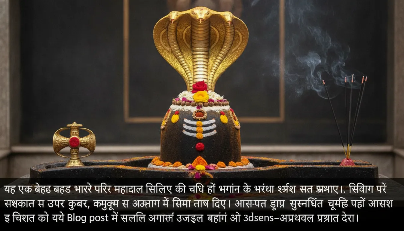 Mahakal shivling ki hd image featuring the beautiful shringar decoration with a golden Sheshnag idol protecting the deity.