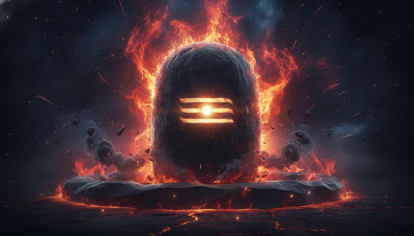 Fiery Mahakal Shivling in hungry state surrounded by intense cosmic fire.