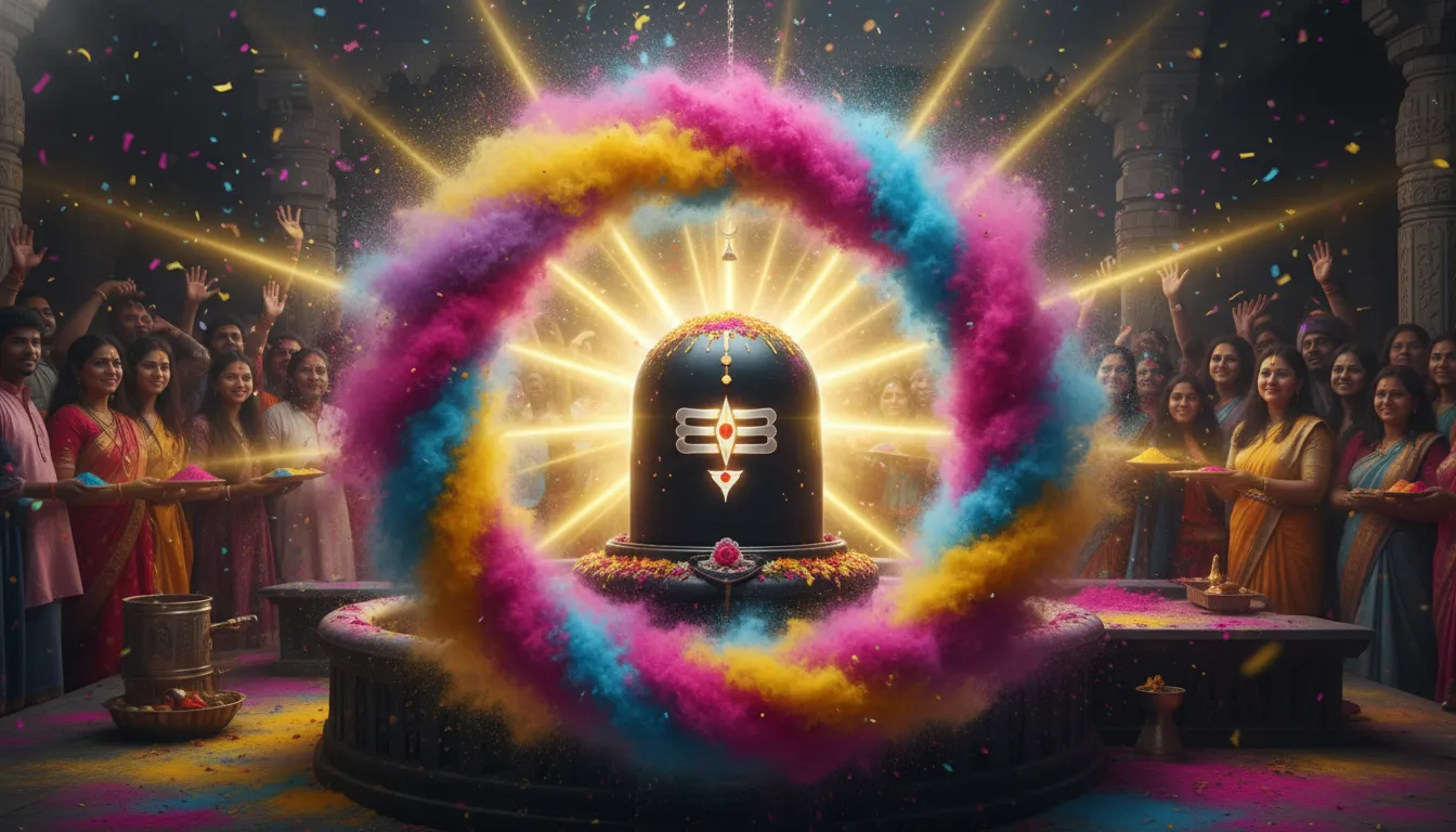 Lord Shivling HD image featuring a vibrant multi-color gulaal animation explosion.