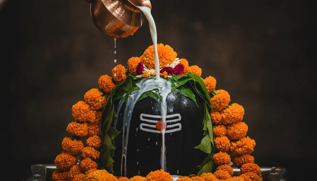 Mahakal shivling ki hd image during sacred water and milk offering rudrabhishek.
