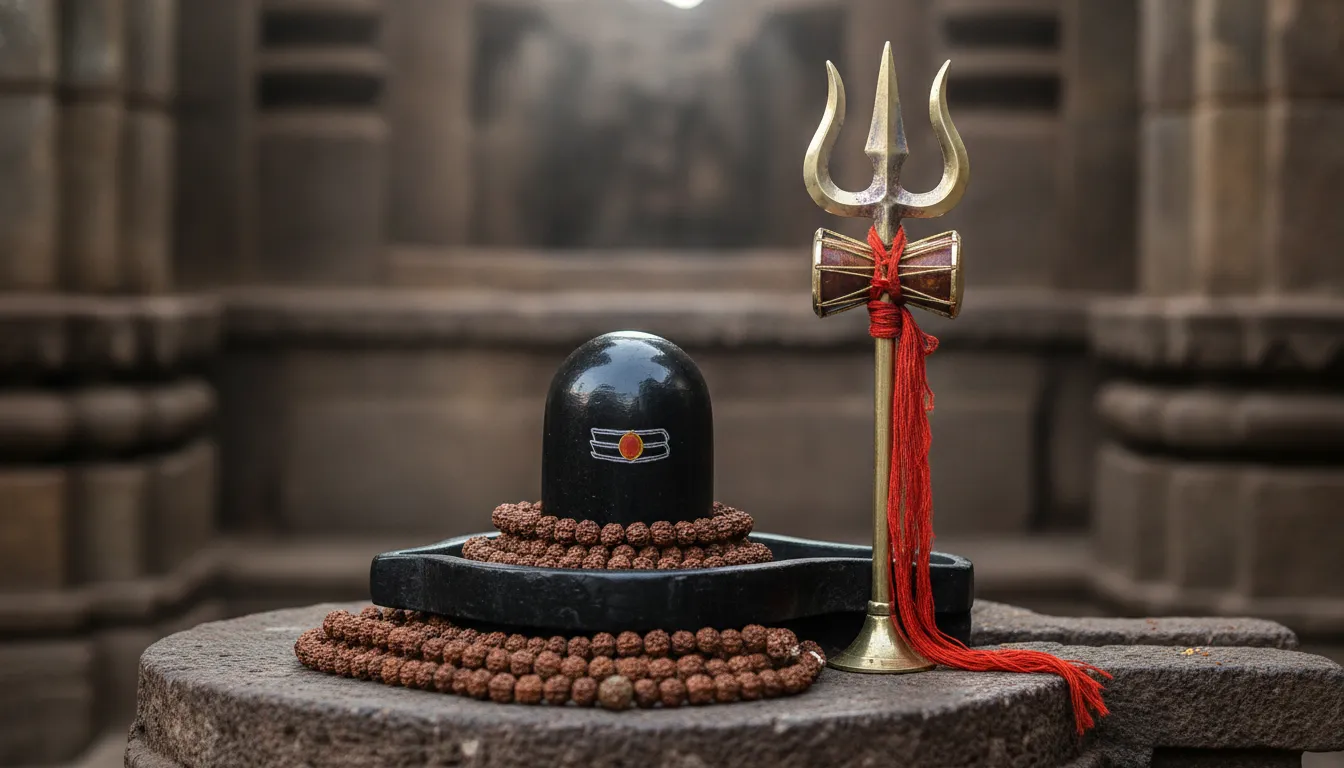 Mahakal shivling ki hd image decorated with a large metal trishul and a damru tied with holy thread.