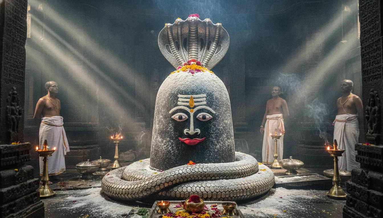 Powerful image of the south-facing Mahakaleshwar Jyotirlinga shivling in Ujjain during the holy Bhasma Aarti ceremony, covered in sacred ash.