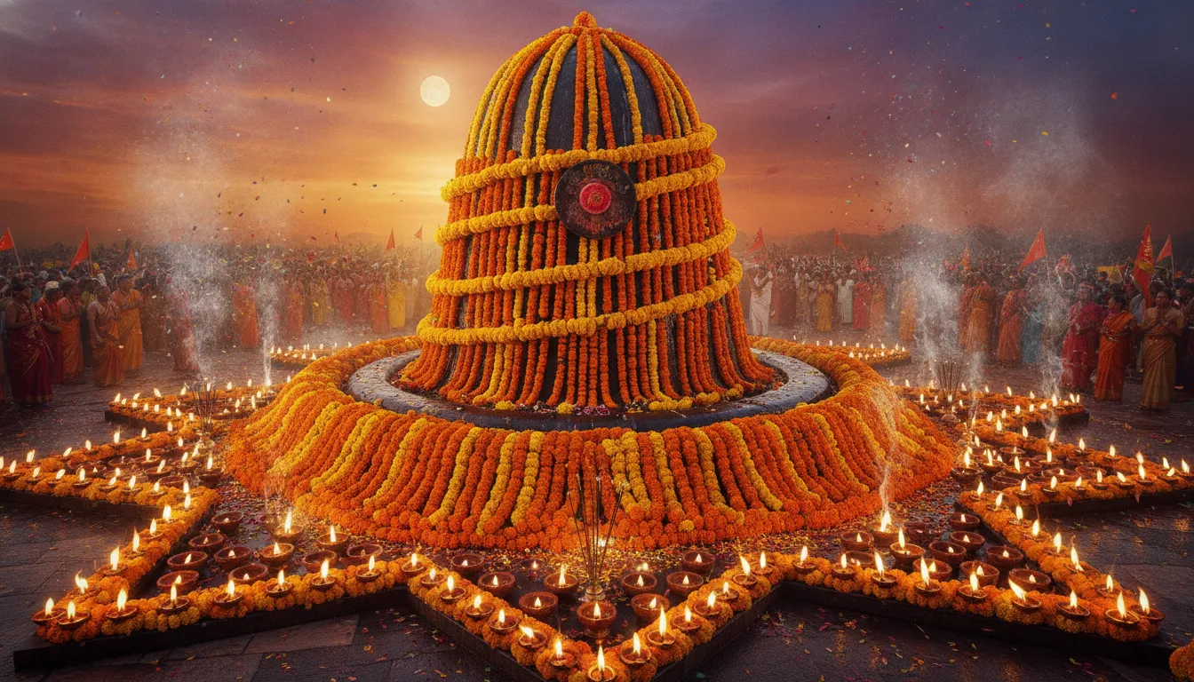 Colossal stone Shivling heavily decorated with orange marigold flowers and traditional brass lamps