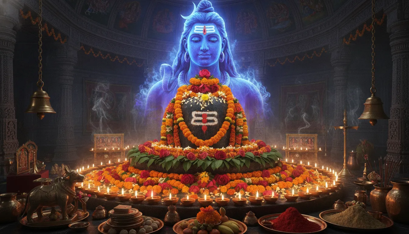 A vibrant and colorful festive image of lord shiva in shivling decorated with thousands of flowers and glowing oil lamps.