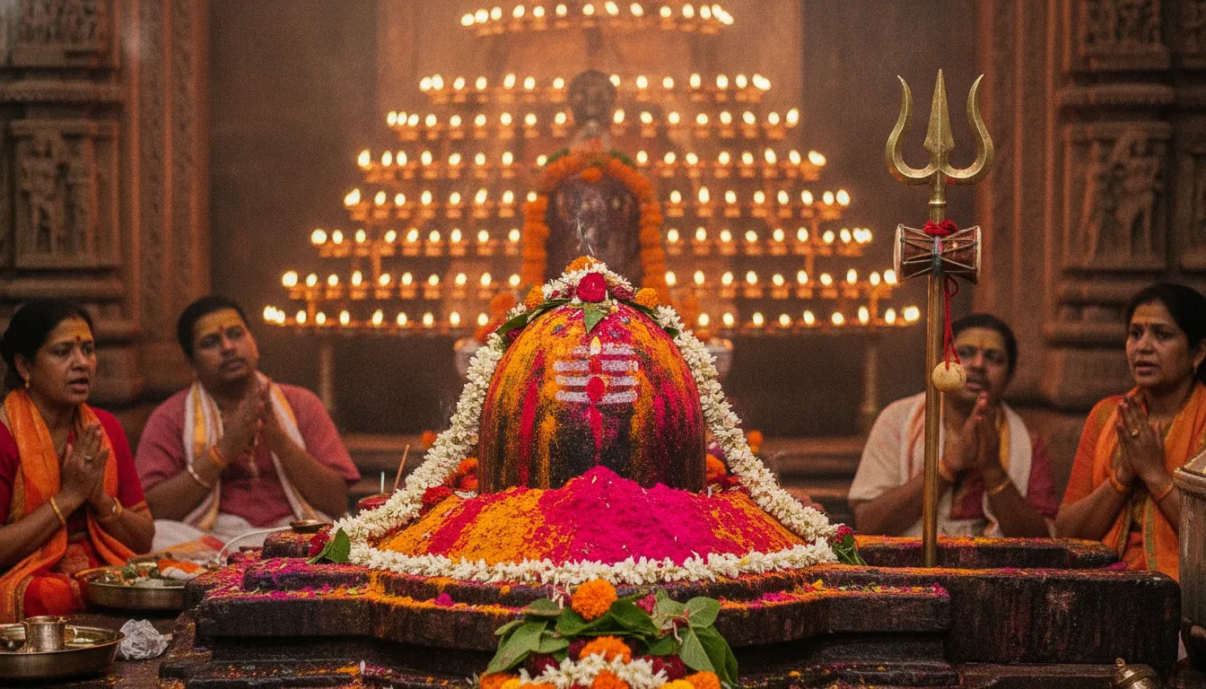 High-resolution Mahashivratri festival image featuring Lord Shivling covered in colorful gulaal powder.