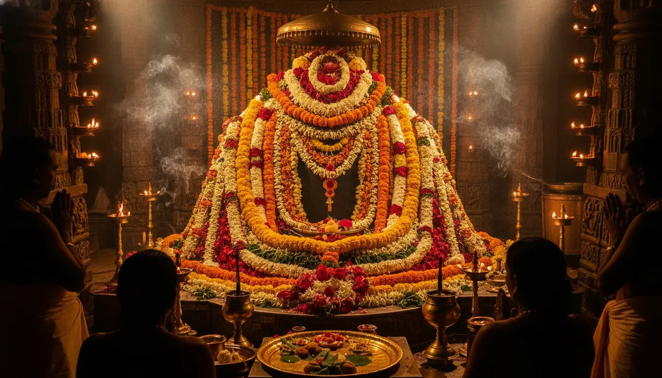 Mahakal shivling ki hd image for Mahashivratri festival celebration with divine night lights and flower garlands.