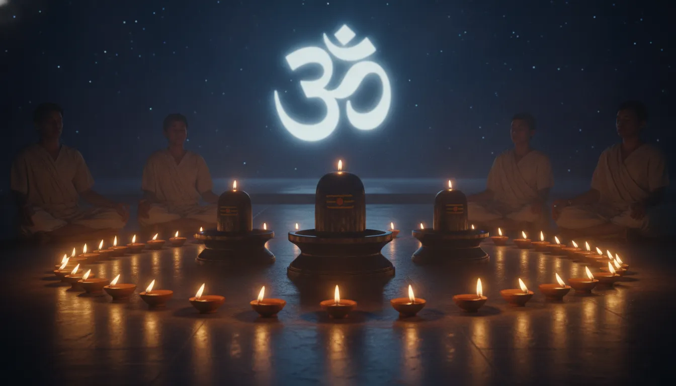A photograph of multiple hand-carved stone Shivlings placed on a large plate, surrounded by hundreds of flickering oil lamps and small incense sticks, with a large, dimly lit Om sign in the background.