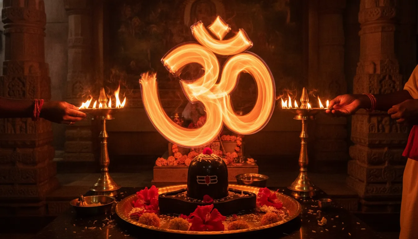 A vibrant, dynamic close-up photograph capturing the peak of an Aarti ceremony, with a multi-tiered fire lamp swirling around a stone Shivling, creating a blur of golden light, while the silhouette of a large, carved wooden Om is visible in the background.