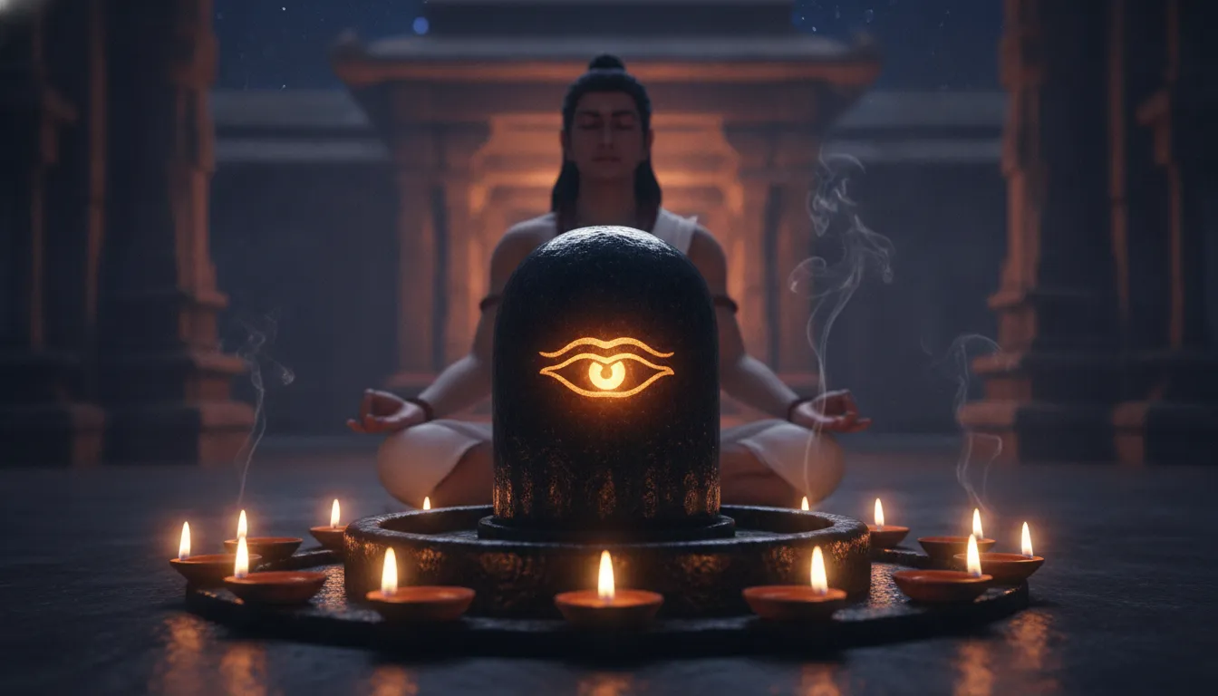 A serene image of a stone Shivling in soft candlelight, with a glowing third eye (Trinetra) visible on the main face of the Linga, and an Om symbol carved below it.