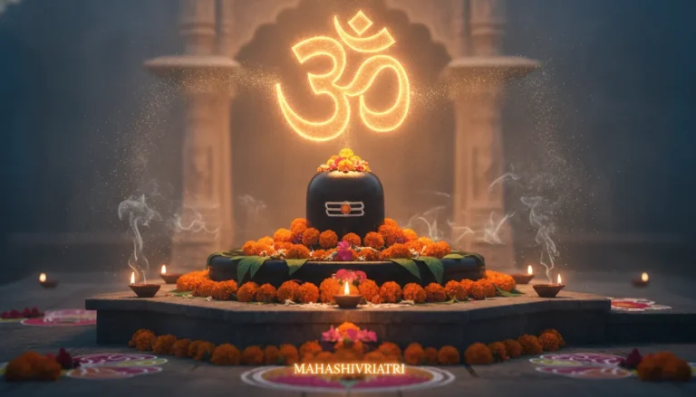 A central radiant Om symbol with a divine Shivling below it, set against a background of cosmic blue light and traditional marigold flowers for Mahashivratri celebration.