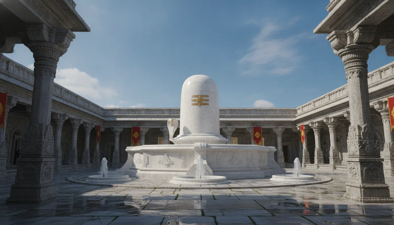 A monumental Bahubali 2 white colour shivling image standing proudly inside the main courtyard of an ancient Indian palace temple.