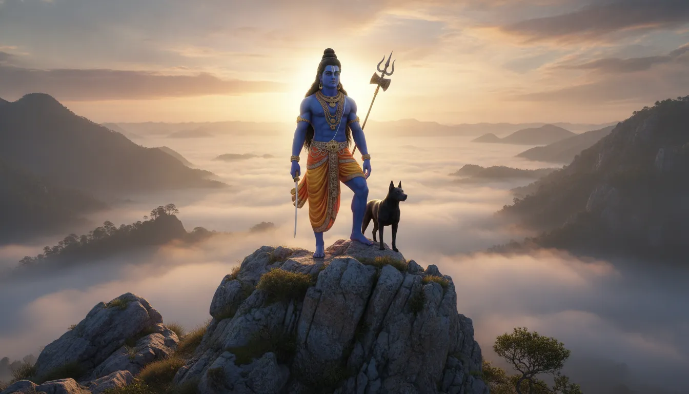Blue skinned Lord Bhairava standing victoriously on a high mountain cliff with a black dog looking over a valley.
