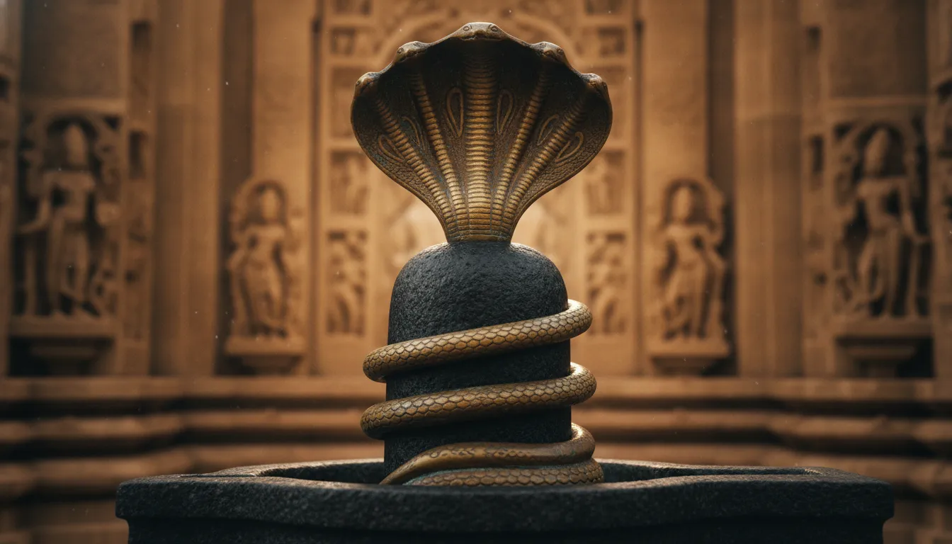 Detailed image of a dark stone shiv shivling with a five-headed brass snake hood.