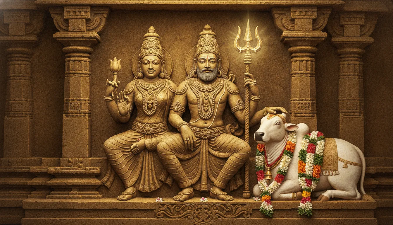An ancient temple style digital art of a blue-skinned deity and consort with a carved trident and white bull.