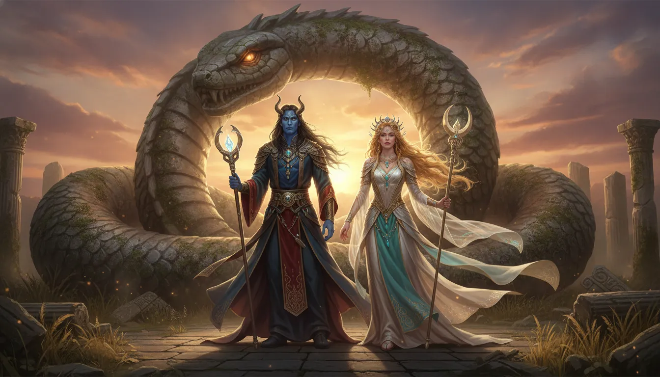 Mythological deity and goddess posing in front of a giant coiled serpent statue during a warm sunset