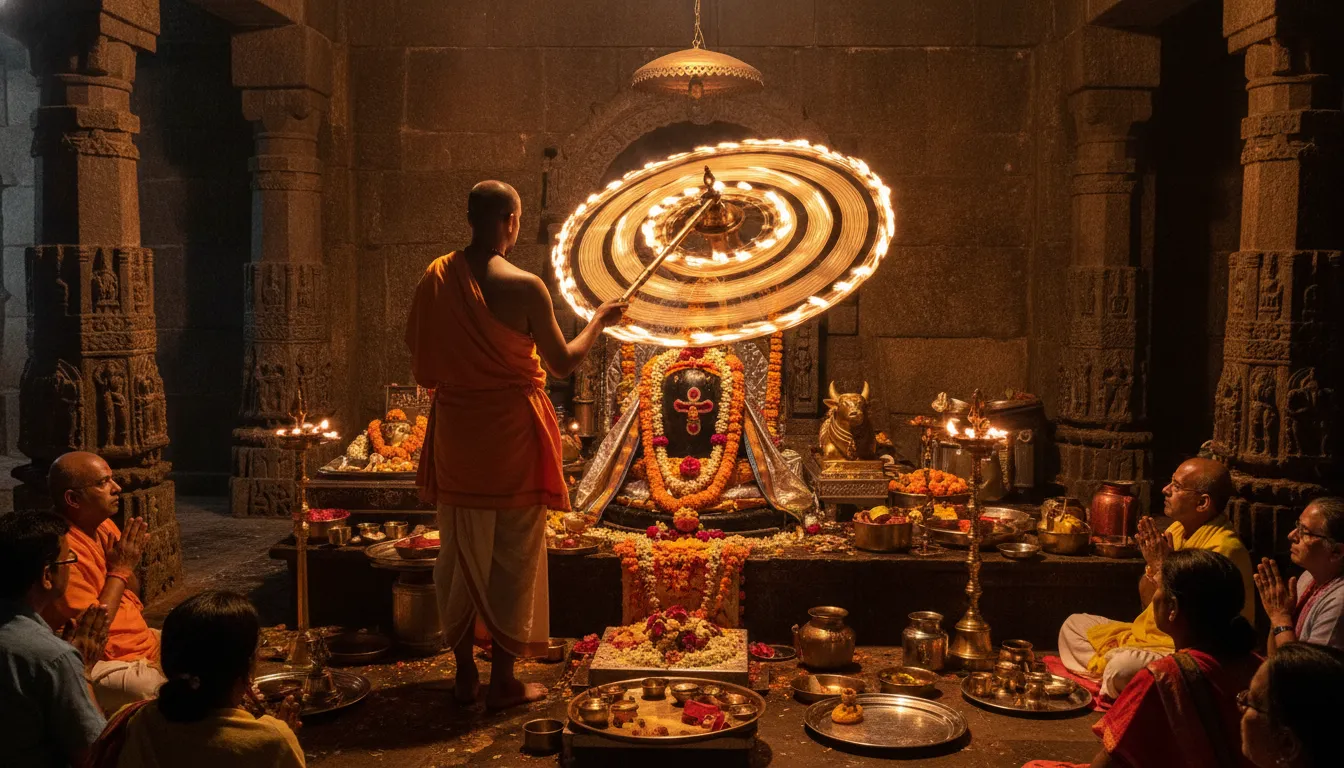 Priests performing the grand evening Aarti with multi-layered brass lamps at Bhimashankar temple.