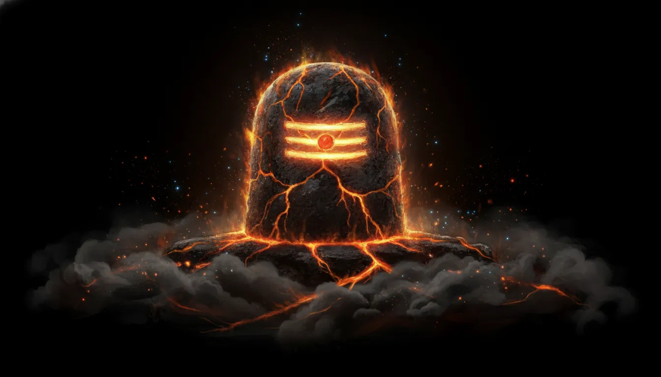 Dramatic abstract artwork of a shiv shivling image made of glowing fire embers and dark smoke.